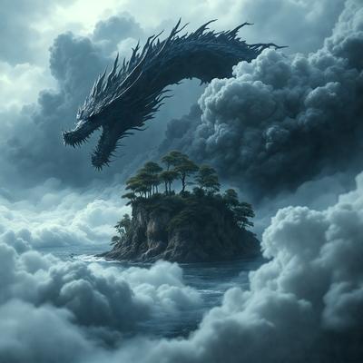 Primary subject: A dragon flying over a small island.

Setting/background: The dragon is flying over a cloudy sky, with the island below it.

Visual style: The image is a digital art or illustration.

Colors and mood: The image has a dark and moody atmosphere, with the dragon and the cloudy sky being the main focus.